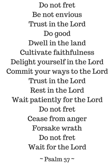 Do not fret Be not enviousTrust in the LordDo goodDwell in the landCultivate faithfulnessDelight yourself in the LordCommit your ways to the LordTrust in the LordRest in the LordWait pat